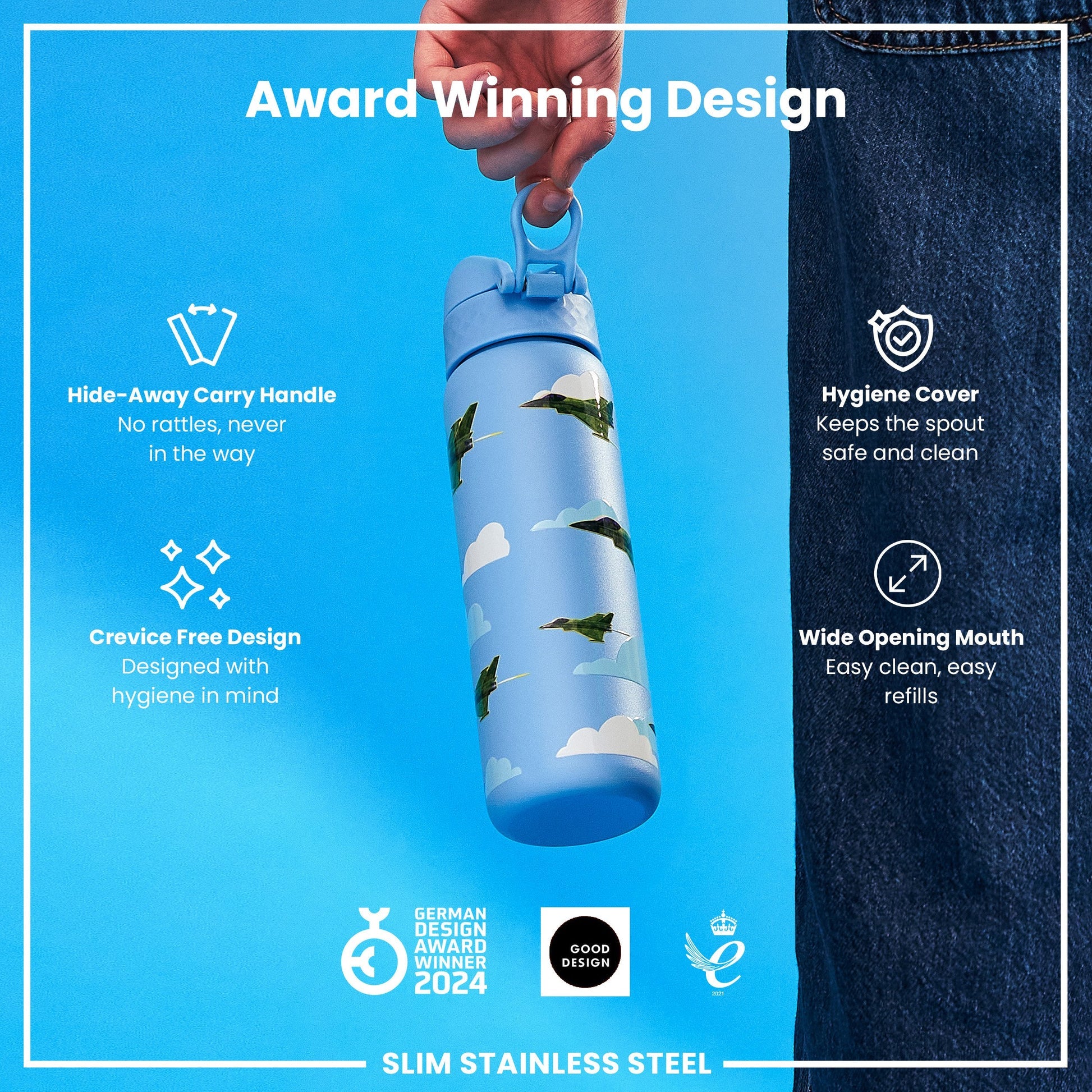 Ion8 Slim 600ml Stainless Steel Fighter Jets